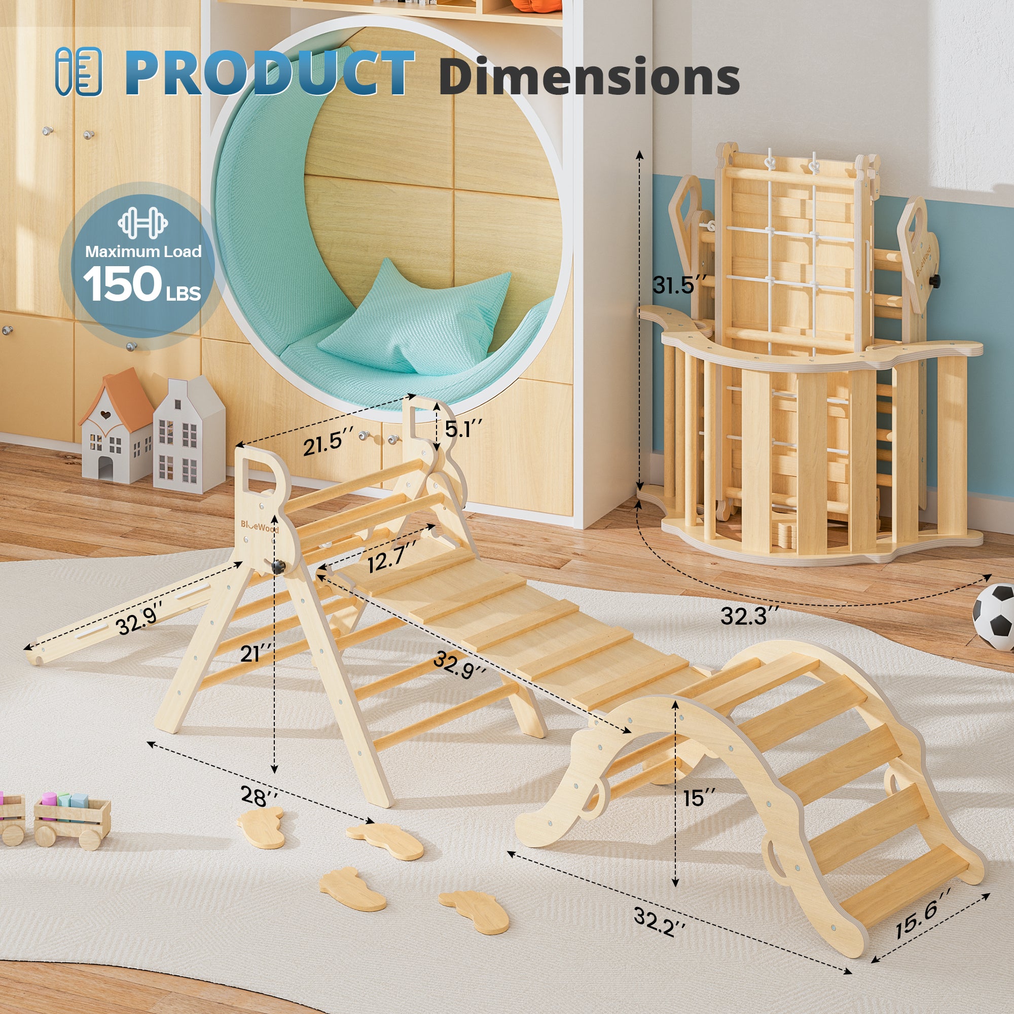 Ramble- Juego triangular Pikler BlueWood® con escalera de cuerda *Tono madera